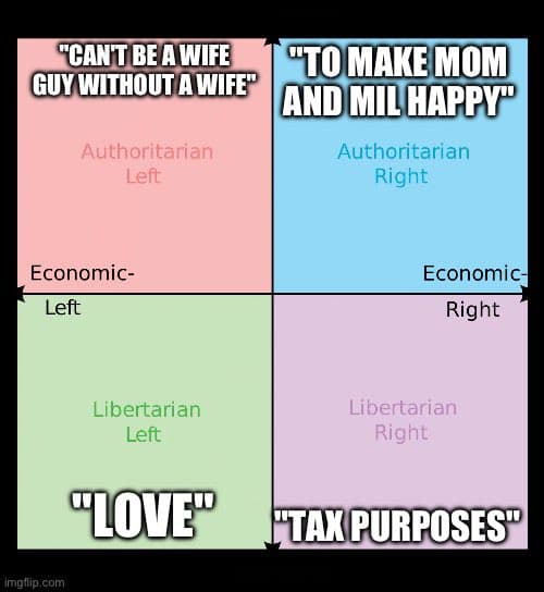 A four-quadrant political spectrum chart (the Nolan chart) with colored sections labeled with political ideologies and humorous quotes. The top-left pink quadrant is 'Authoritarian Left' with the quote "CAN'T BE A WIFE GUY WITHOUT A WIFE". The top-right blue quadrant is 'Authoritarian Right' with the quote "TO MAKE MOM AND MIL HAPPY". The bottom-left green quadrant is 'Libertarian Left' with the quote "LOVE". The bottom-right purple quadrant is 'Libertarian Right' with the quote "TAX PURPOSES". The horizontal axis is labeled 'Economic- Left' and 'Economic- Right'.