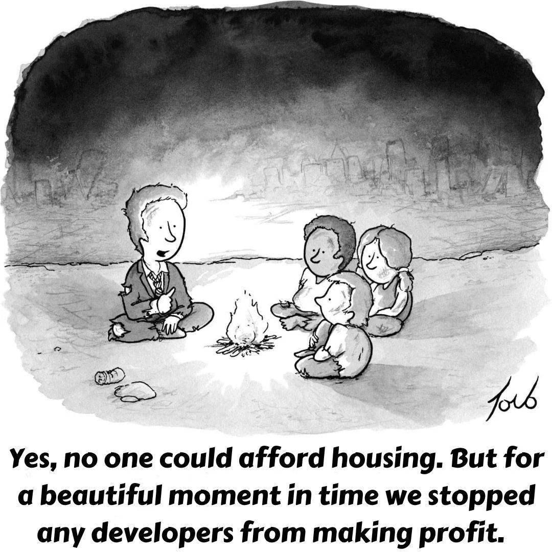 A black-and-white editorial cartoon depicting a man in a suit sitting across from a family of three around a small campfire on a beach, with a city skyline in the background. Below the illustration is a caption explaining the scene.