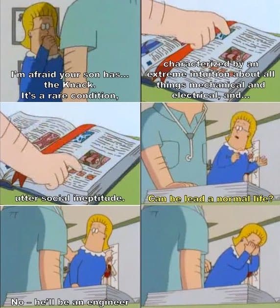 A six-panel meme featuring a scene from The Simpsons in which a doctor describes a child's condition. The text overlays the panels to create a joke about the child being an engineer due to his social ineptitude and mechanical intuition.