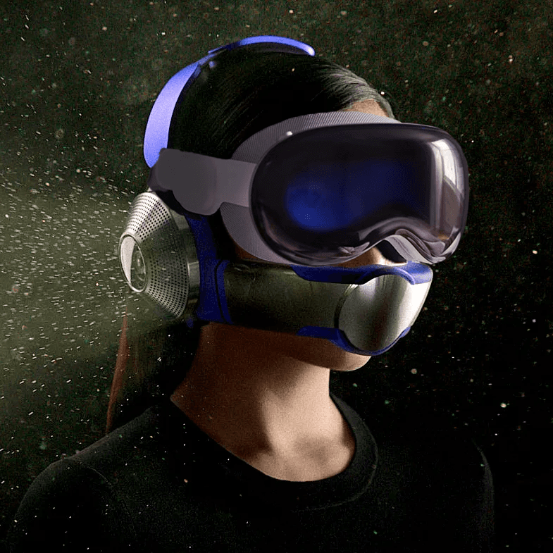 A person is shown from the chest up, wearing a futuristic, full-face mask that covers their eyes and mouth with a dark, reflective visor and metallic components. The background is dark and speckled with small, glowing particles, creating a sci-fi atmosphere.