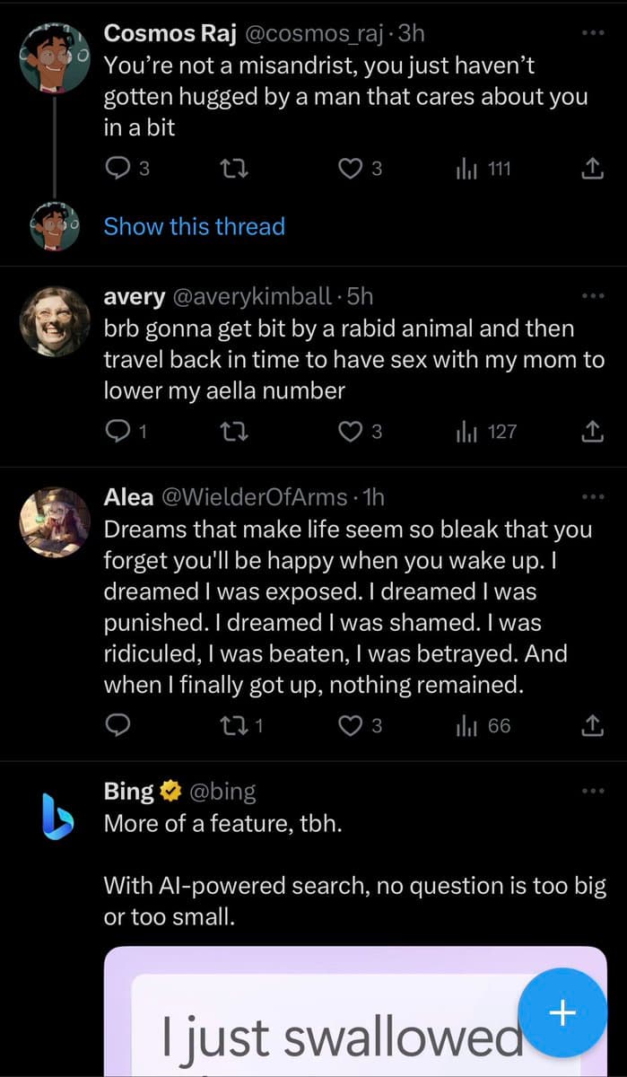 A screenshot of a Twitter thread showing a series of replies to a user's post. The thread includes a reply from the official Bing account, which ends with a text box containing the phrase 'I just swallowed'.