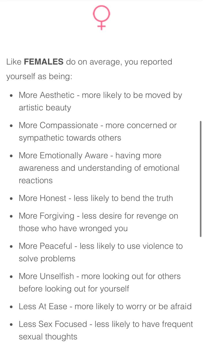 A text-based image, likely a screenshot from a personality or psychometric test, displaying a list of traits. It features a pink female gender symbol at the top and a bulleted list comparing the user's reported self to an average female profile.