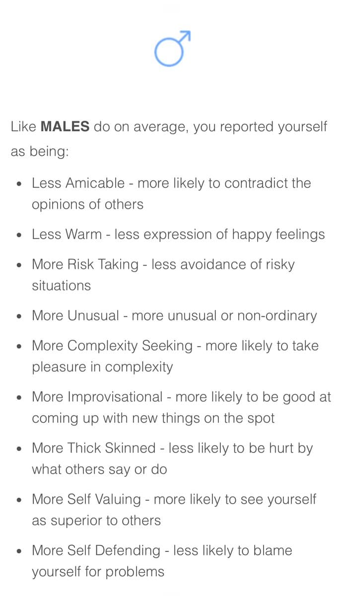 A text-based image displaying a list of personality traits, headed by a blue male gender symbol. The text compares the reader's reported self-assessment to average male traits, listing characteristics such as being less amicable, more risk-taking, and more self-defending.
