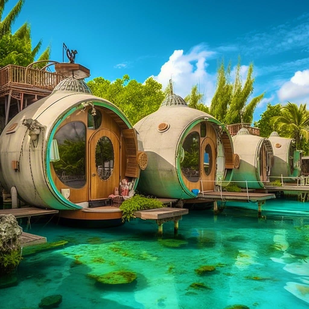 A digital artwork depicting a row of spherical, pod-like houses with wooden doors and windows, built on stilts over a vibrant turquoise lagoon. The scene is set in a lush, tropical environment with palm trees and a bright blue sky, evoking a futuristic, eco-friendly aesthetic.