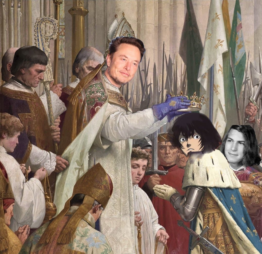 A digital collage featuring a photo of Elon Musk superimposed onto a historical painting of a coronation, where he is depicted placing a crown on a figure with an anime-style head. The background includes other historical figures and flags, with additional modern faces edited into the scene.