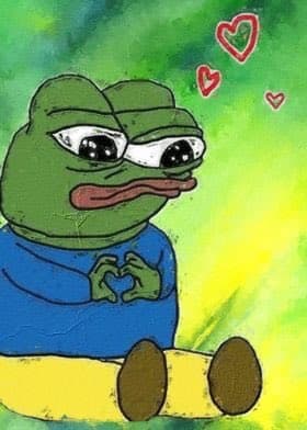A digital illustration of the Pepe the Frog meme character with a smug expression, wearing a blue shirt and making a heart shape with his hands, with red hearts floating above him against a green and yellow background.