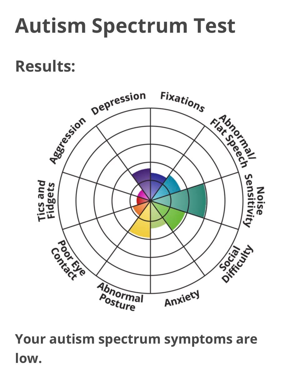 A screenshot of an online 'Autism Spectrum Test' result showing a colorful radar chart with various symptom categories. The text below the chart states that the user's autism spectrum symptoms are low.