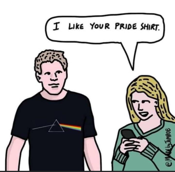 A cartoon illustration of a man and a woman standing side by side. The man is wearing a black t-shirt featuring the iconic prism design from Pink Floyd's 'The Dark Side of the Moon' album cover. The woman, holding a phone, has a speech bubble above her that reads, 'I LIKE YOUR PRIDE SHIRT.'