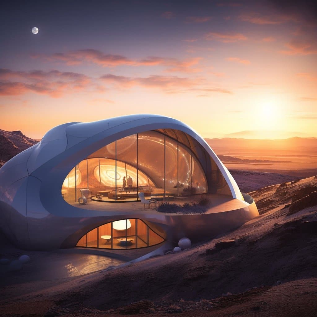 A digital rendering of a futuristic, organic-shaped glass and white structure nestled in a desert landscape at sunset. The building features large, curved windows revealing a warmly lit interior with two silhouetted figures, while the sky transitions from orange to purple with a visible moon.