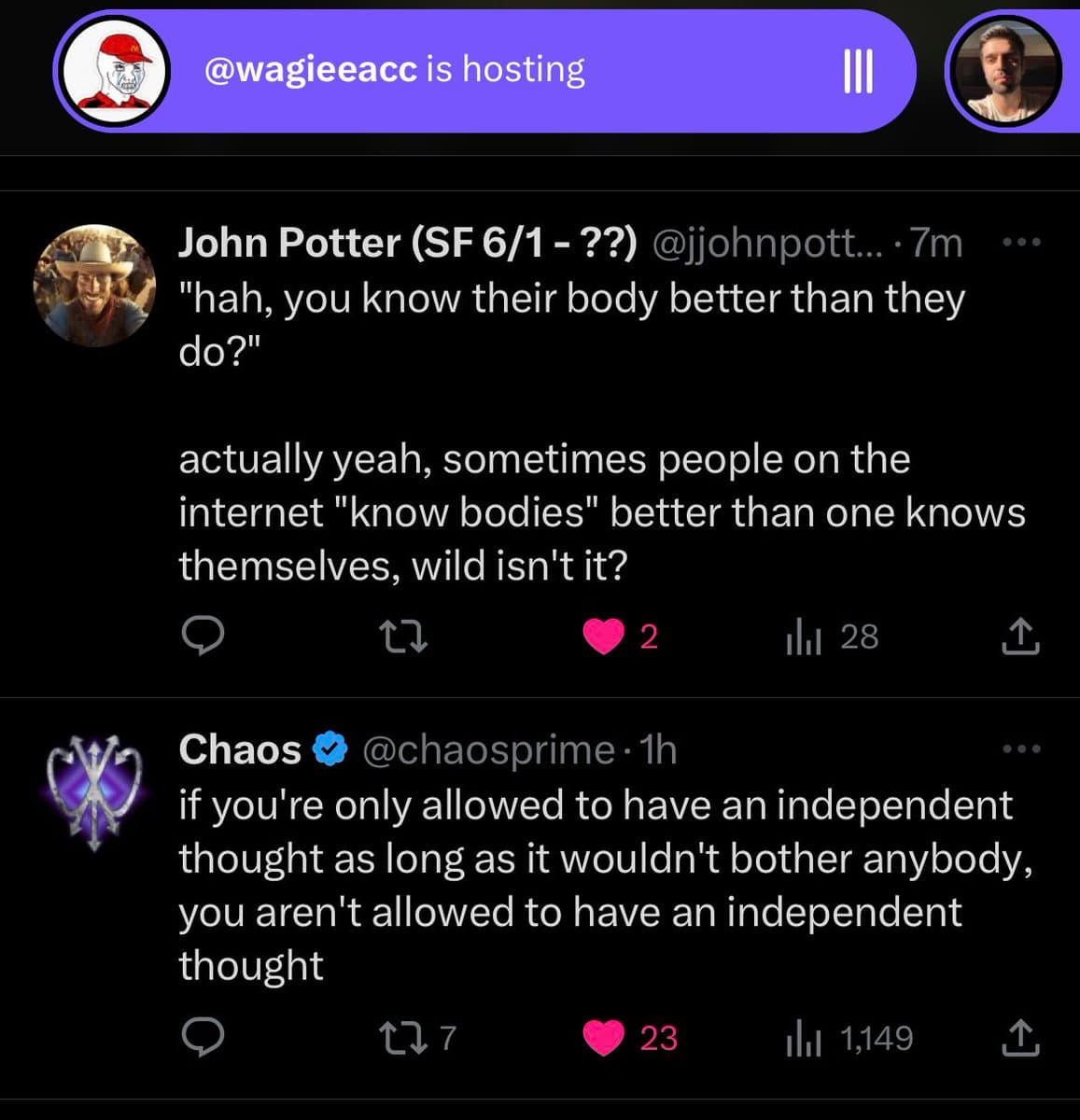 A screenshot of a Twitter/X conversation between two users, John Potter and Chaos, discussing the concept of independent thought and internet knowledge. The image shows a purple banner at the top indicating a live stream is being hosted.