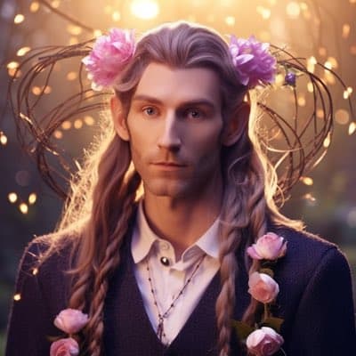 A portrait of a person with long, wavy blonde hair adorned with pink flowers and a floral crown, wearing a dark sweater over a white collared shirt. The background features a warm, bokeh-lit setting with soft, glowing lights.