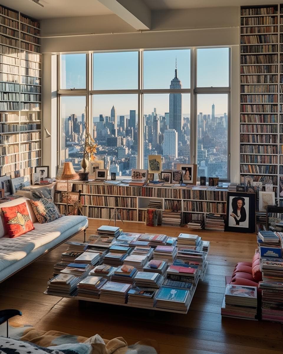 A spacious, sunlit living room filled with floor-to-ceiling bookshelves and stacks of books on the floor, featuring a large window that offers a panoramic view of the New York City skyline, including the Empire State Building.