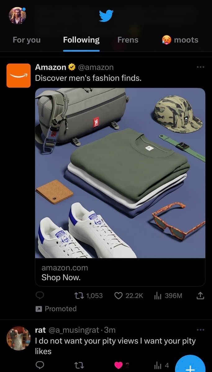 A screenshot of a Twitter feed showing a promoted post from Amazon's official account. The post features an image of men's fashion items, including a duffel bag, t-shirts, sneakers, a hat, and sunglasses, with the caption 'Discover men's fashion finds.'