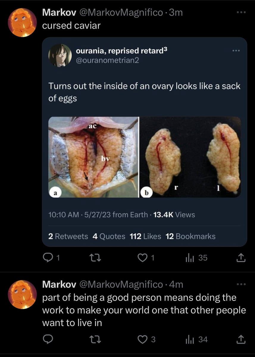 A screenshot of a Twitter thread showing a reply to a tweet about 'cursed caviar.' The reply, from user @ouranometrian2, includes a photo of an ovary and a caption comparing it to a sack of eggs. Below the thread, another tweet by the original poster is visible.