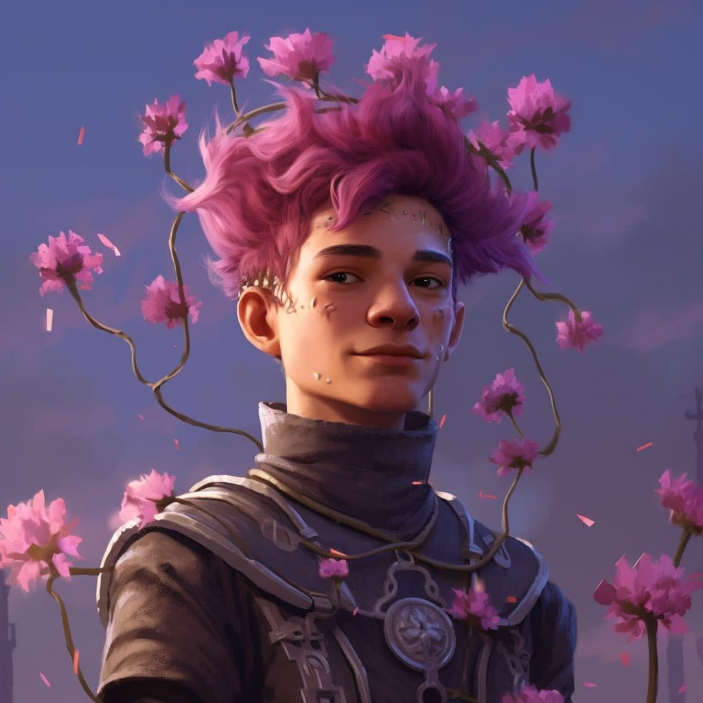 A digital illustration of a young person with vibrant pink hair adorned with blooming pink flowers and vines, set against a soft, purple-hued sky. The character wears ornate, fantasy-style armor with a high collar and a circular emblem on the chest. The image has a whimsical, ethereal aesthetic with floating petals and delicate floral elements integrated into the character's appearance.