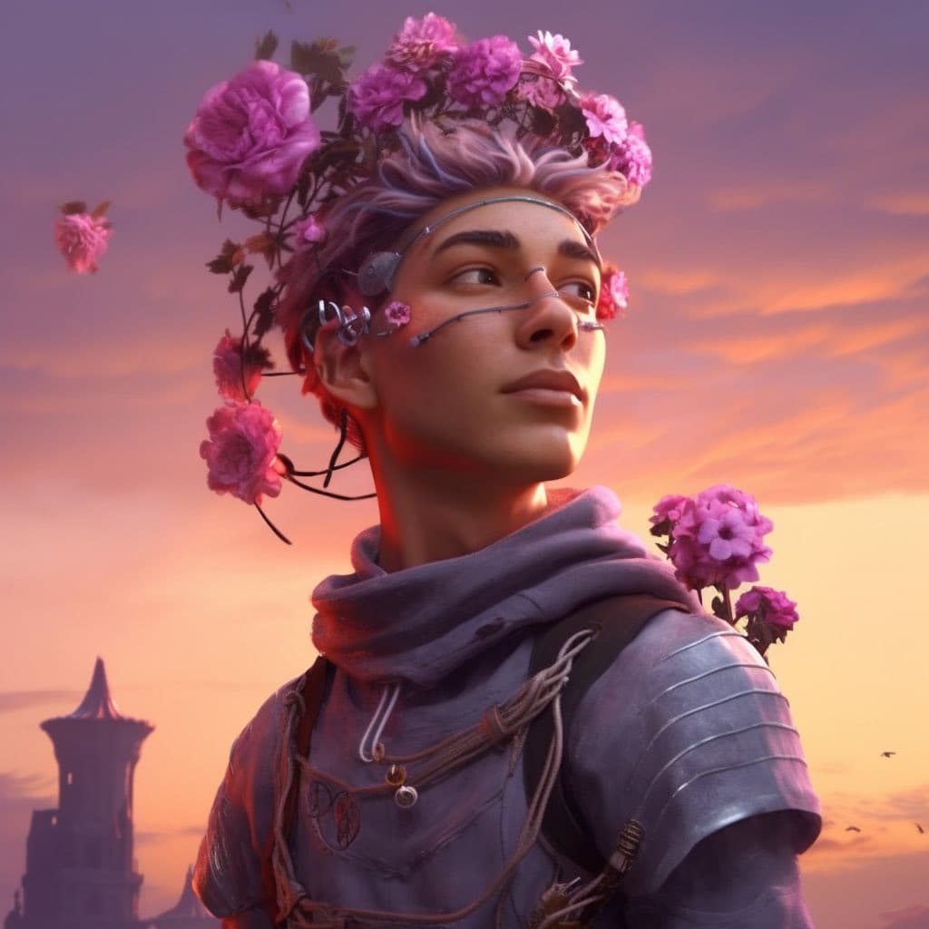 A digital illustration of a person with short, light-colored hair wearing a crown of pink flowers and futuristic facial implants, set against a sunset sky. The figure is dressed in a hooded garment with layered straps and armor-like shoulder pieces, with a distant tower visible in the background. The image has a fantasy or sci-fi aesthetic with warm, glowing lighting.
