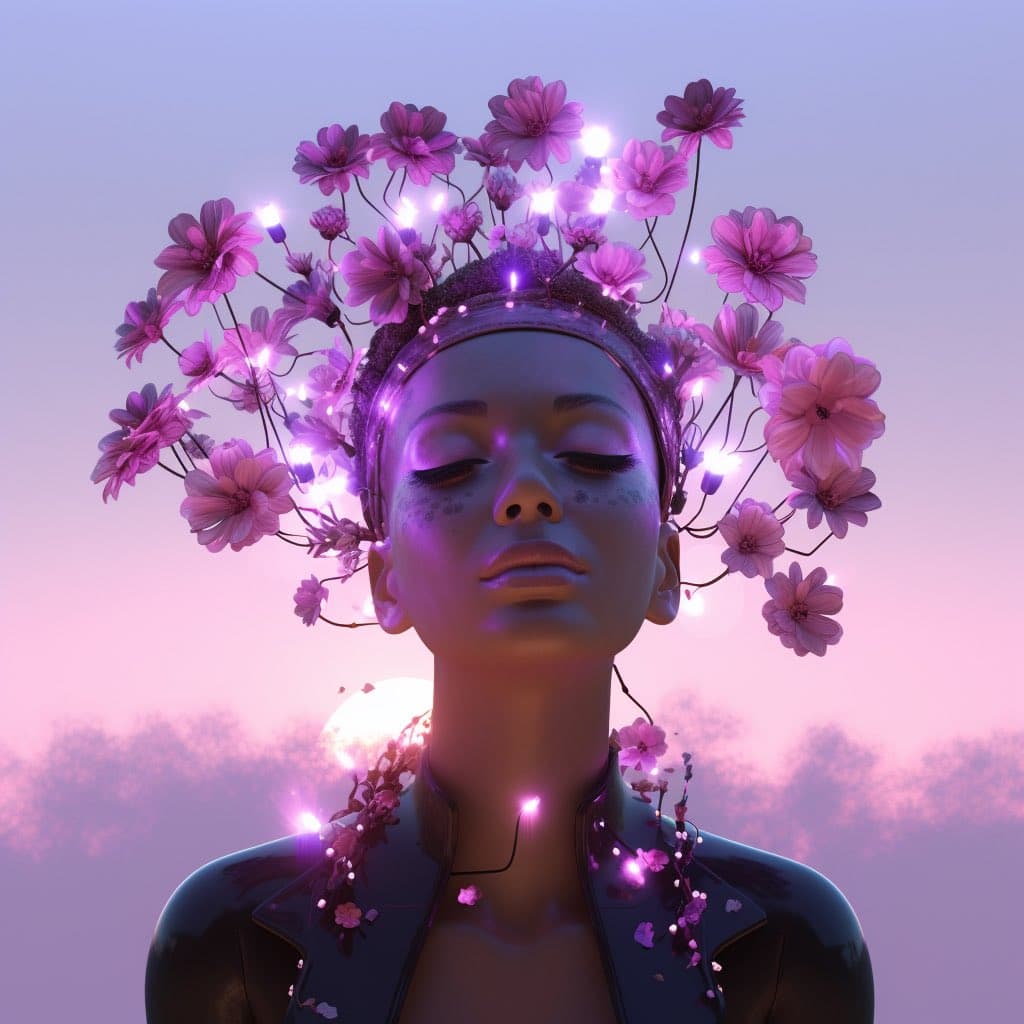 A digital 3D render of a person with closed eyes, wearing a headpiece made of glowing purple flowers and lights against a pink, cloudy sky. The figure has a serene expression and is adorned with floral elements around their neck and shoulders.