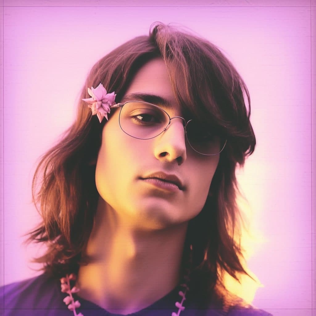 A stylized portrait of a person with long brown hair, wearing round glasses and a pink flower tucked behind their ear, set against a soft pink background.