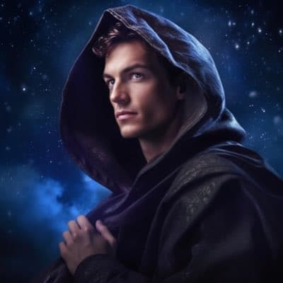 A digital illustration of a young man wearing a dark, hooded cloak, set against a starry night sky background. The image appears to be a fantasy-style character portrait.