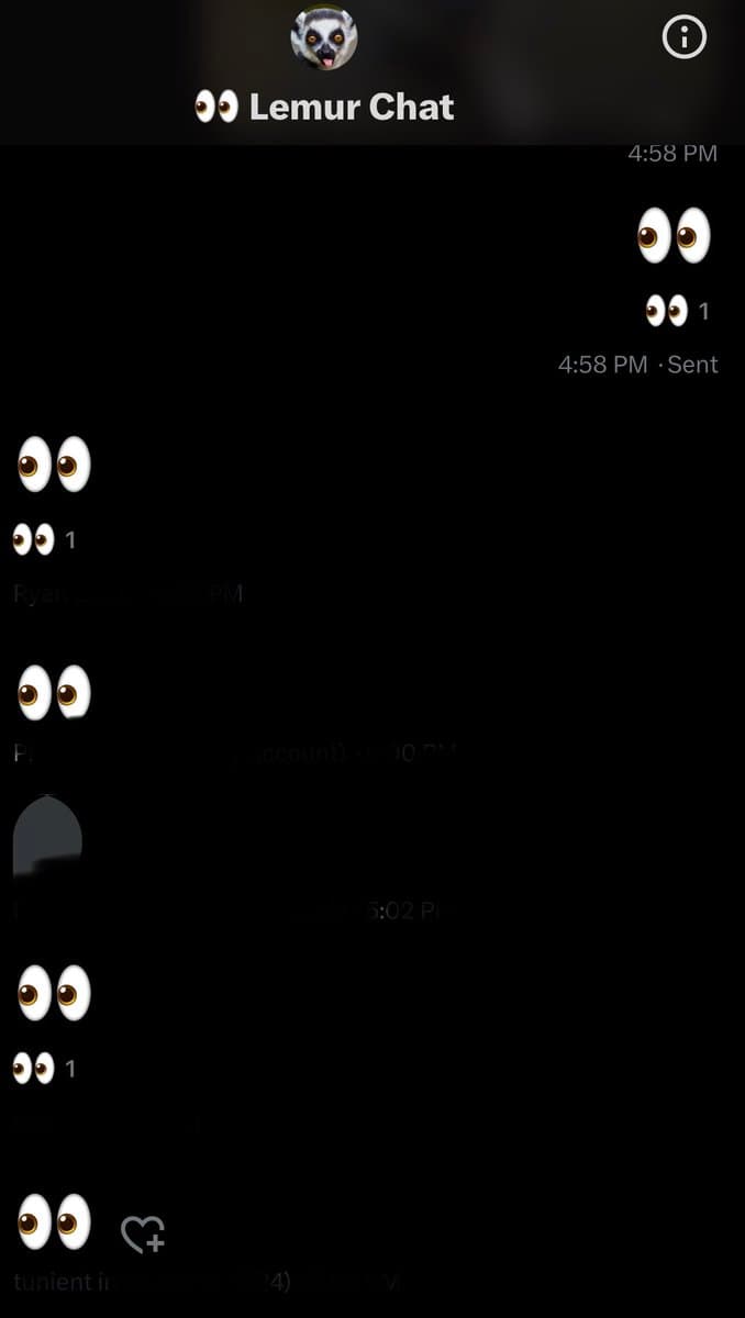 A screenshot of a mobile chat interface titled "Lemur Chat" with a lemur profile picture. The conversation consists of multiple messages containing only the "eyes" emoji (👀), with timestamps and a "Sent" status visible.