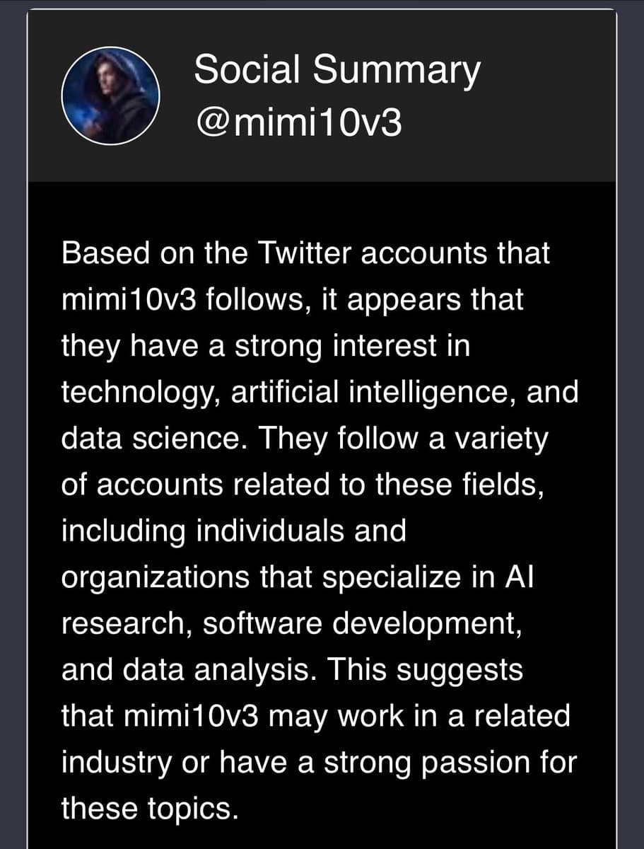 A screenshot of a Twitter post from the account 'Social Summary' (@mimi10v3). The post contains a text summary analyzing the user's follow list, concluding they have a strong interest in technology, AI, and data science.
