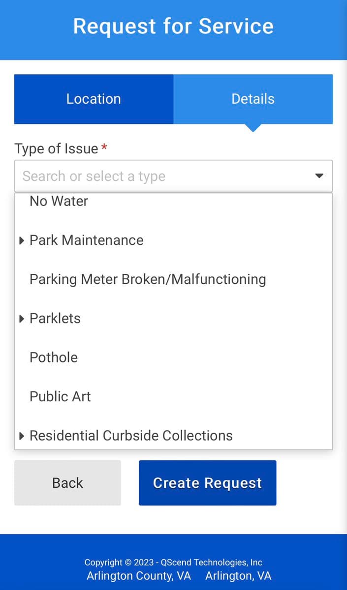 A screenshot of a mobile application titled 'Request for Service' showing a form for reporting local issues. The interface displays a dropdown menu for 'Type of Issue' with options such as 'No Water', 'Park Maintenance', and 'Pothole', along with 'Back' and 'Create Request' buttons.