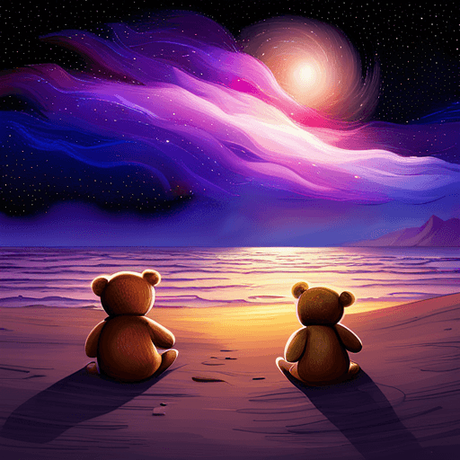 A digital illustration of two teddy bears sitting on a beach, facing a vibrant, colorful sky with swirling purple and pink clouds and a glowing sun. The scene is set at dusk or dawn, with the light reflecting on the water and sand.