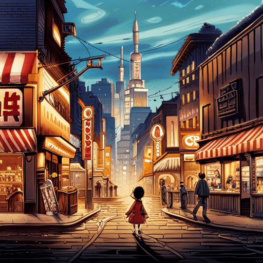 A digital illustration of a futuristic city street at dusk, featuring a child in a red coat walking away from the viewer toward a towering spire in the distance. The scene is lined with illuminated storefronts and neon signs, with several other pedestrians visible on the sidewalks.
