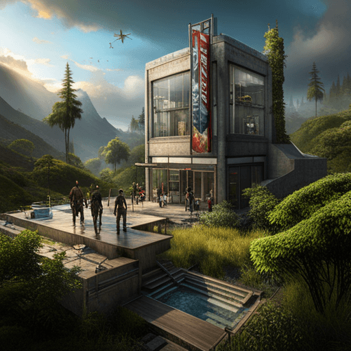 A digital illustration of a futuristic, overgrown building in a lush, mountainous landscape, featuring a large vertical banner with the text "VIBE WAR" and several figures walking on a platform in the foreground.