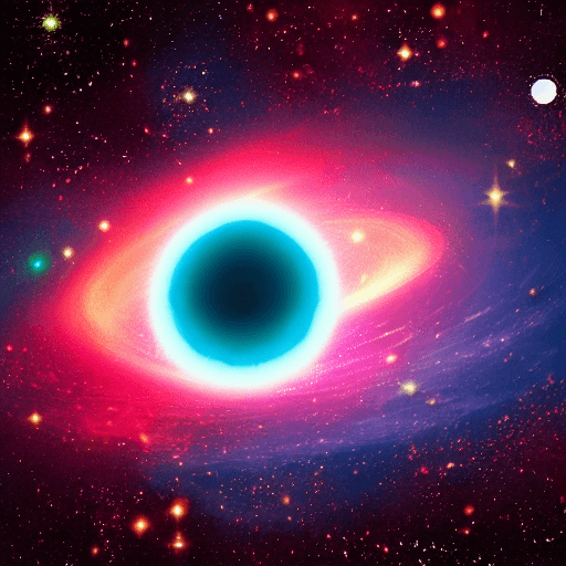 A vibrant, digital illustration of a cosmic scene featuring a large, glowing black hole with a bright blue and white accretion disk, set against a starry, multicolored nebula background. The image has a psychedelic, retro-futuristic aesthetic with swirling red, pink, and purple hues. There is no legible text in the image.