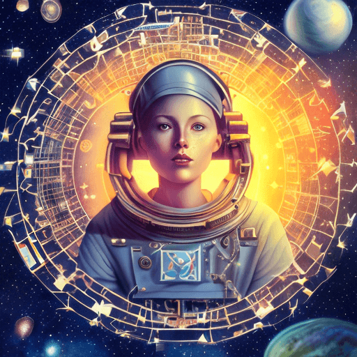 A digital illustration of a person in a futuristic astronaut suit, framed by a large, intricate golden circular structure resembling a space station or halo, set against a starry space background with planets.