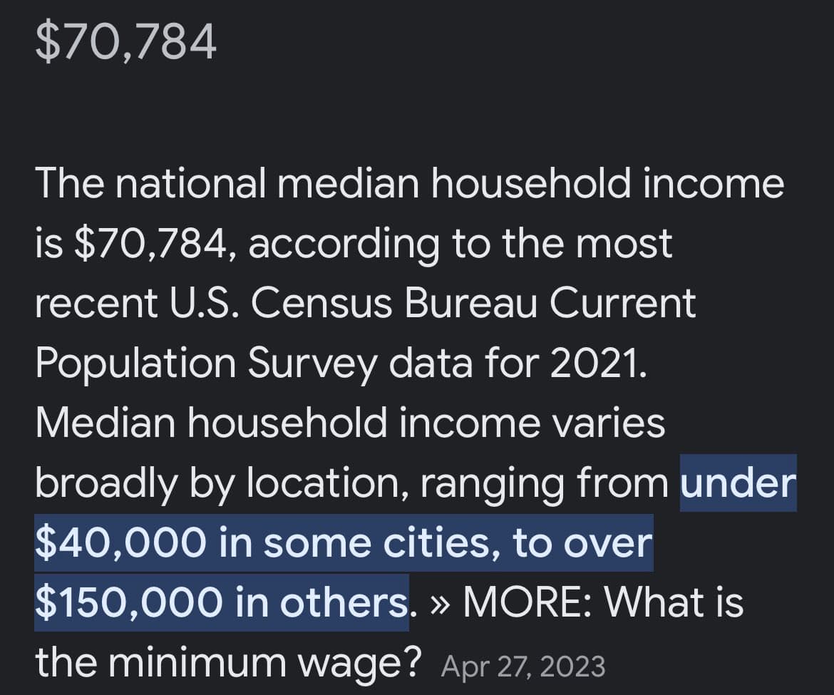 A screenshot of a news article excerpt on a dark background, discussing national median household income. The text cites U.S. Census Bureau data from 2021, noting a median of $70,784 and a wide range of $40,000 to over $150,000 depending on location. A portion of the text is highlighted in blue.