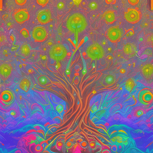 A vibrant, psychedelic digital artwork featuring a stylized tree with a reddish-brown trunk and roots, set against a colorful, abstract background of swirling patterns and glowing green orbs. The image has a trippy, fractal-like aesthetic with bright neon colors including pinks, purples, blues, and greens. There is no text present in the image.