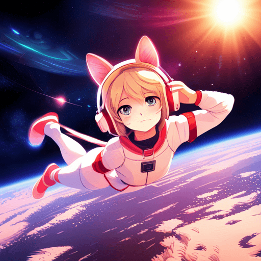 A digital illustration of an anime-style character with cat ears and headphones, wearing a white and red spacesuit, floating in space above a planet. The background features a starry sky with a bright sun and colorful nebulae.