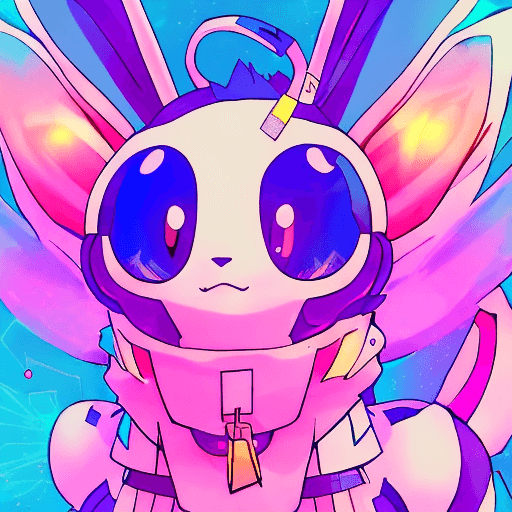 A vibrant digital illustration of a cute, chibi-style character with large blue eyes, purple hair, and long, colorful ears, wearing a pink outfit with a zipper. The background features a cosmic, starry theme in shades of blue and purple. The character has a small, gentle smile and appears to be wearing a headset or earpiece.