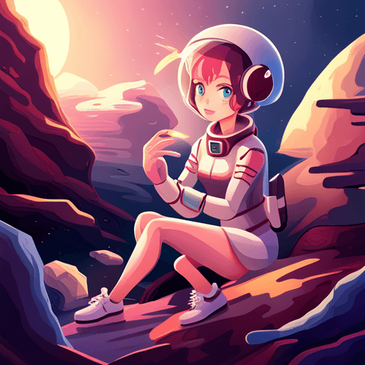 A digital illustration of a young woman in a white astronaut suit and helmet sitting on a rocky surface in a colorful, alien landscape. She is holding a small, glowing object in her hand, with a large planet and stars visible in the background sky.