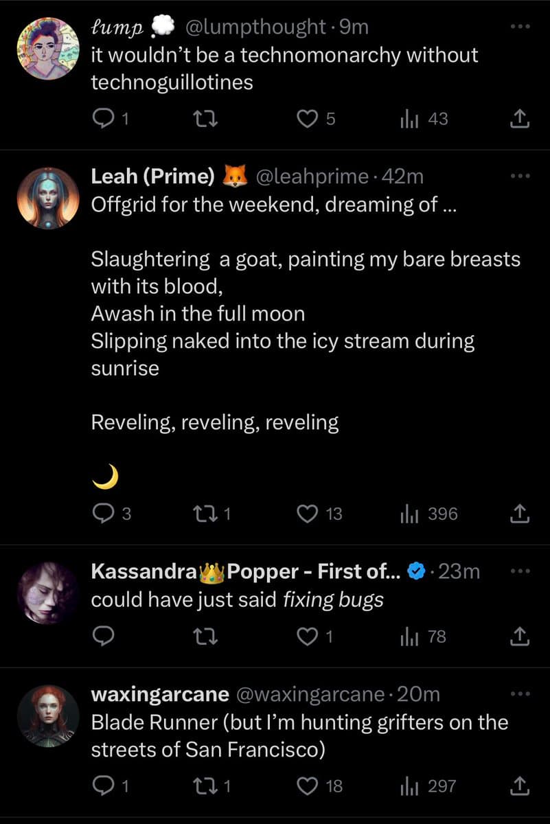 A screenshot of a Twitter conversation thread featuring four users. The thread discusses a 'technomonarchy' and 'technogillotines', followed by a user named Leah (Prime) describing a wild, off-grid weekend with poetic imagery, and two other users replying with humorous, tech-related interpretations.