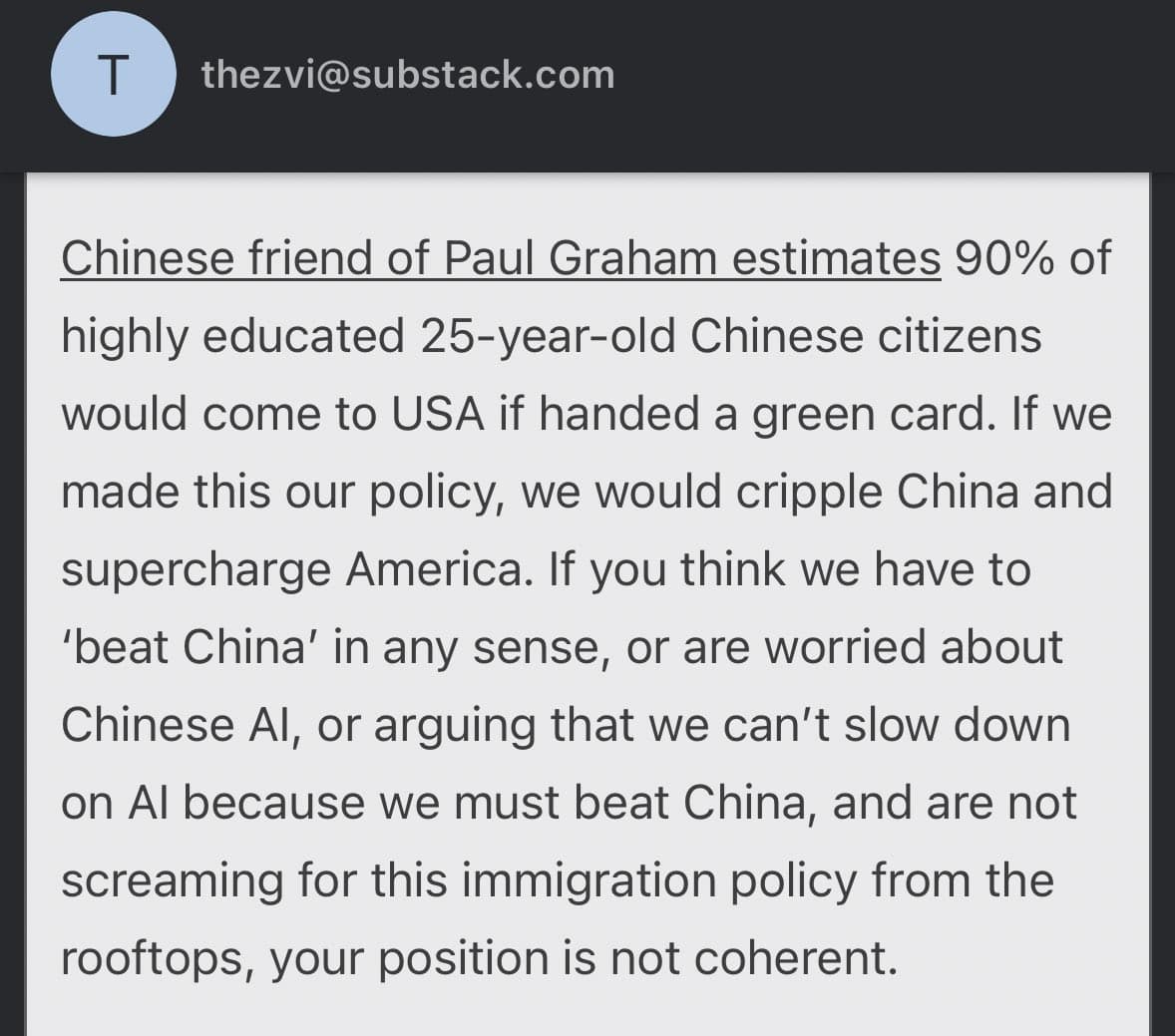 A screenshot of a social media post from the user 'thezvi@substack.com' (indicated by a 'T' avatar). The post contains a text-based argument regarding immigration policy and its potential impact on the US-China relationship, specifically concerning AI and highly educated citizens.