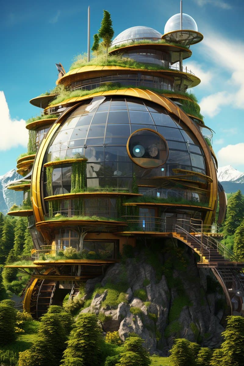 A digital illustration of a futuristic, spherical glass building with golden accents and green terraces, perched on a rocky hillside surrounded by trees and mountains. The structure features multiple levels, a large central dome, and a smaller dome on top, blending advanced architecture with natural elements.