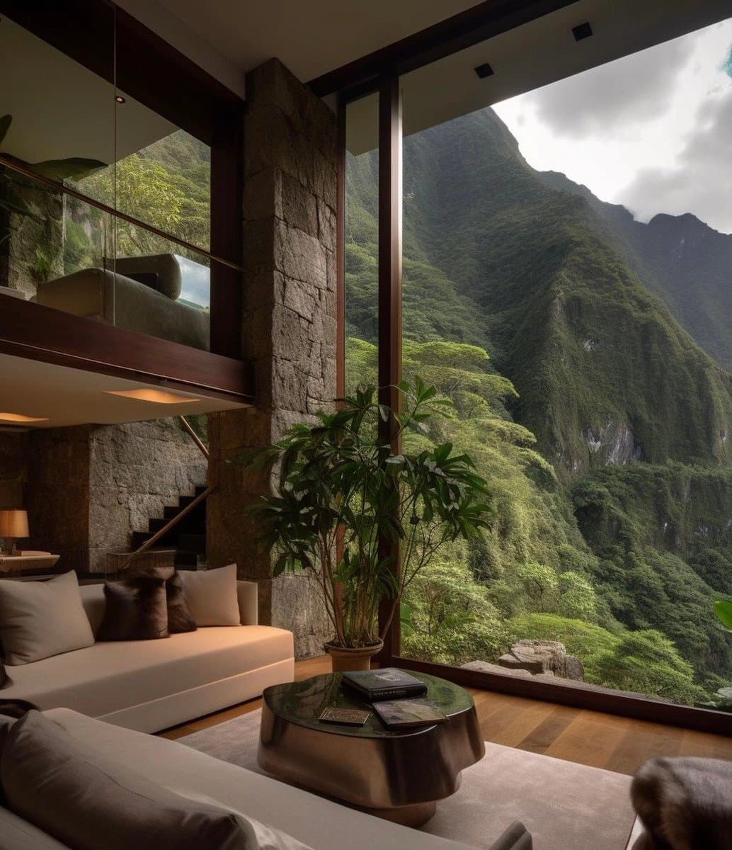 A modern living room interior featuring floor-to-ceiling glass windows that offer a panoramic view of a lush, green mountain landscape. The room includes a white sofa, a metallic coffee table, and a large potted plant, with a stone pillar and a staircase visible in the background.