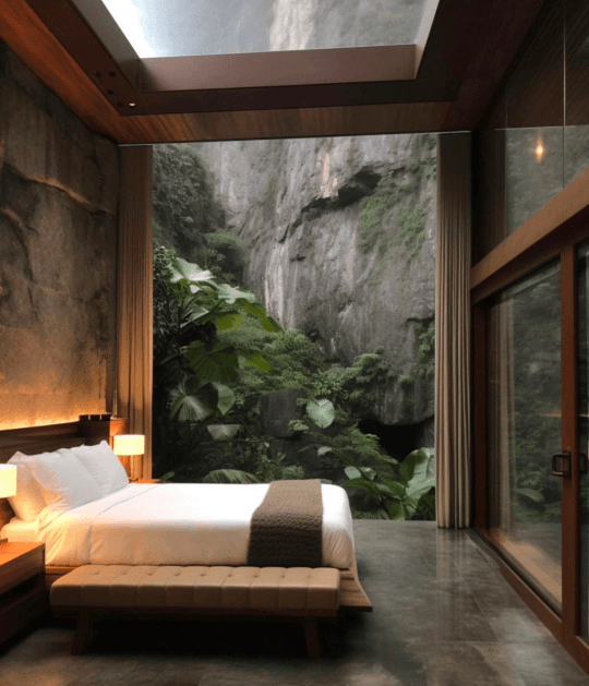 A hotel bedroom with a large bed and a floor-to-ceiling window that opens up to a view of a lush, green cliffside. The room features modern design elements, including a skylight and stone walls, blending indoor comfort with a dramatic natural landscape.