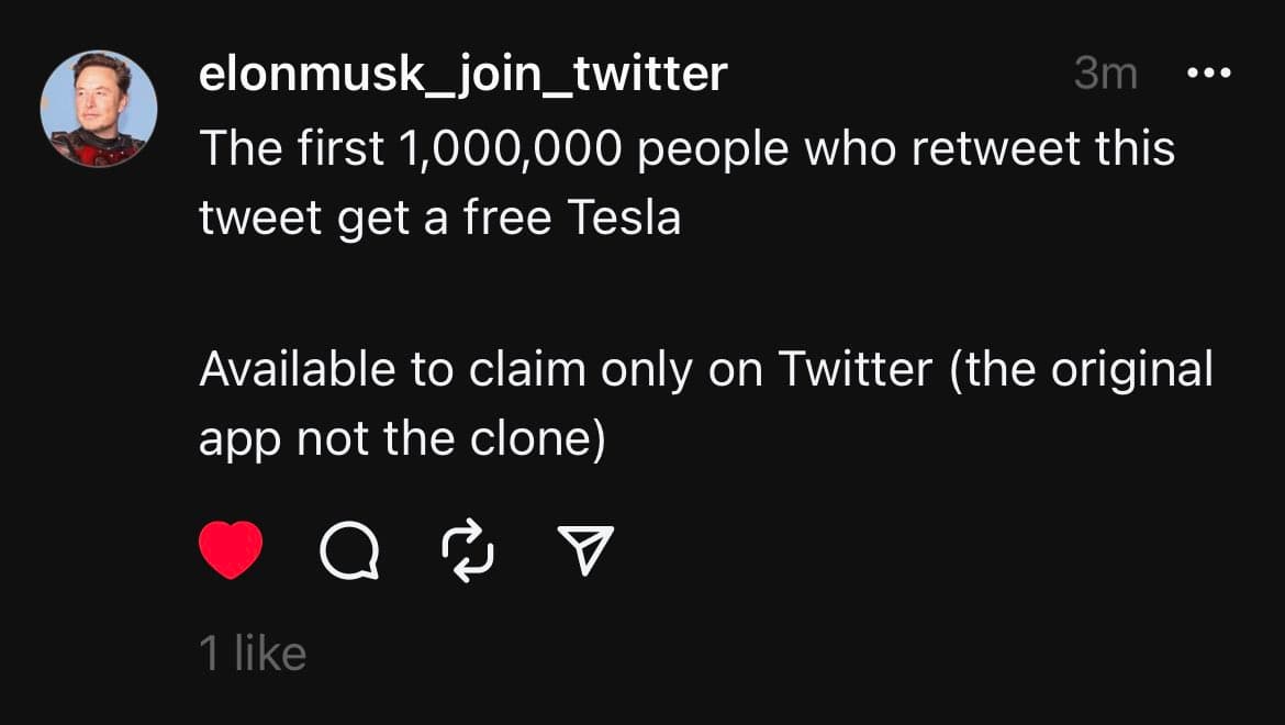 A screenshot of a Twitter post from the account "elonmusk_join_twitter" featuring a profile picture of a man in a red suit. The tweet text announces a giveaway of free Teslas to the first million retweeters, with a note about claiming the prize on the original Twitter app.