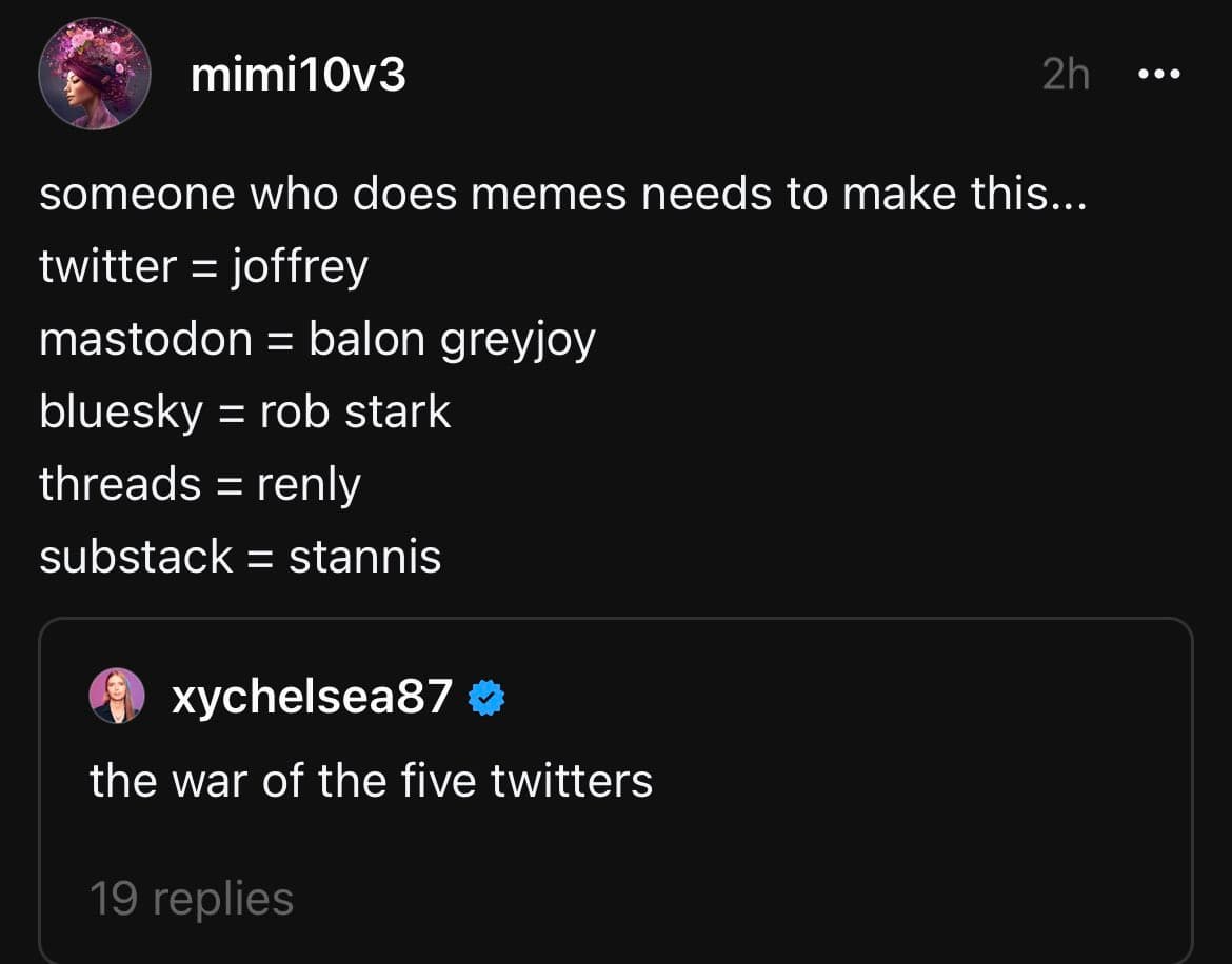 A screenshot of a Twitter post by user 'mimi10v3' that quotes a tweet from 'xychelsea87'. The main post lists a comparison between social media platforms and characters from 'Game of Thrones'.