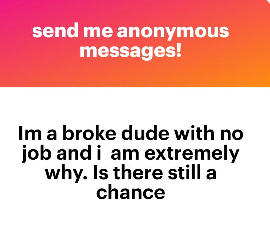 A screenshot of an anonymous message submission page. The top section has a pink-to-orange gradient background with white text, and the bottom section has a white background with black text.