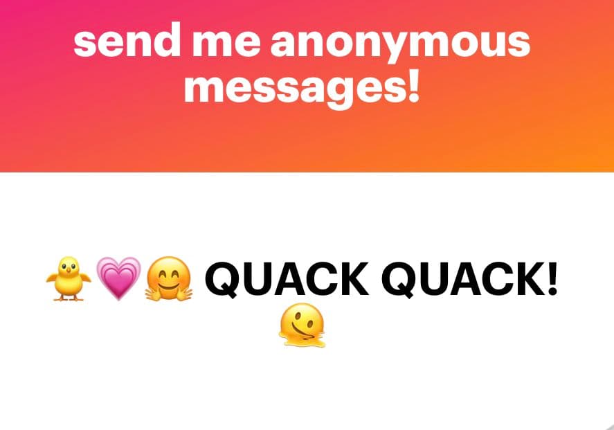 A graphic with a pink-to-orange gradient header and a white body. The header contains white text, while the body displays a row of emojis (a chick, a heart, a hugging face) followed by bold black text and another hugging face emoji below it.
