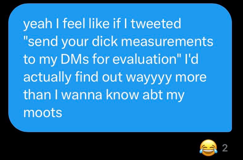 A screenshot of a blue Twitter reply bubble containing white text on a black background. The reply makes a humorous, sexually explicit joke about oversharing personal information. A laughing emoji and the number 2 appear in the bottom right corner.