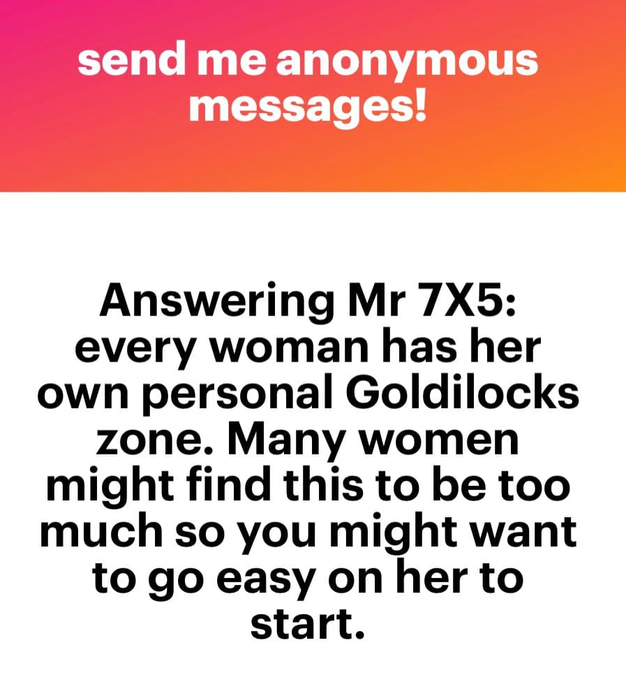 A text-based image with a pink-to-orange gradient header and a white body. The header contains a call to action, while the body contains a response to a user.