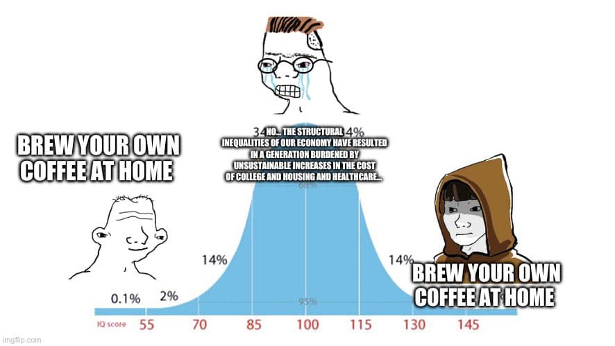 A meme featuring a normal distribution curve labeled 'IQ score' with three cartoon characters placed at different points on the scale. The characters are associated with the text 'BREW YOUR OWN COFFEE AT HOME' at the low and high ends, and a crying face with a long paragraph of text at the peak.