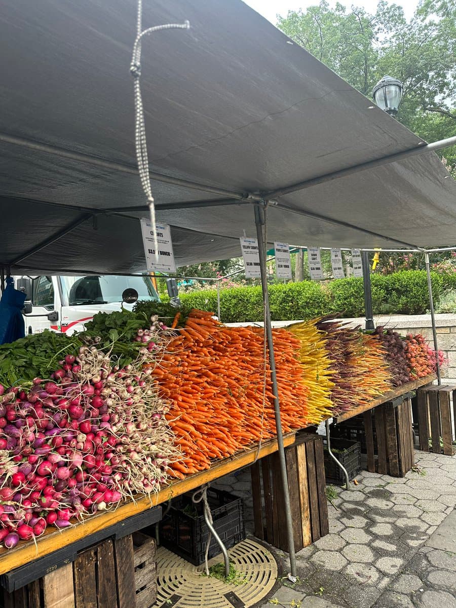 A photograph of a farmer's market stall displaying large piles of fresh produce, including radishes and various colored carrots, under a black canopy tent.