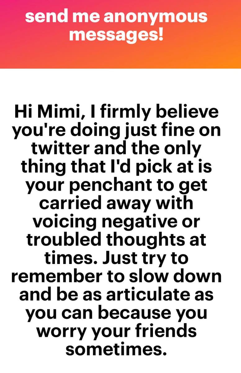 A text-based image featuring a red and orange gradient header with a call to action, followed by a white section containing a long, bold black message addressed to a user named Mimi.